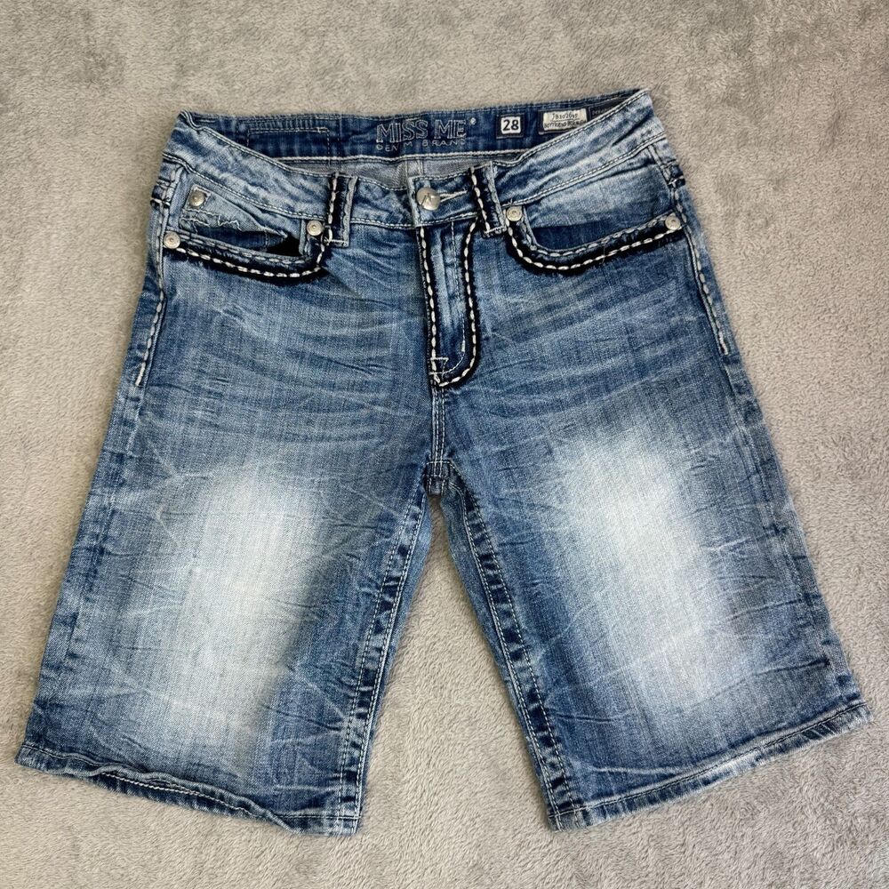 Miss Me Boyfriend Bermuda Shorts Womens 28 Blue Denim Whiskering Thick Stitch